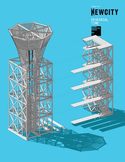 Newcity cover with logo in upper right corner with rendering of two water-tower structures spaced out over a bright blue background.