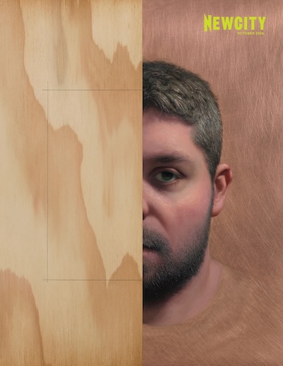 Newcity cover with logo in upper right and photorealistic painting of man's face on one side with wooden board on the other.