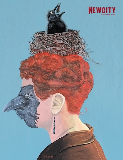 Newcity cover showing woman with red hair and bird-face, with nest and crow on top of head.