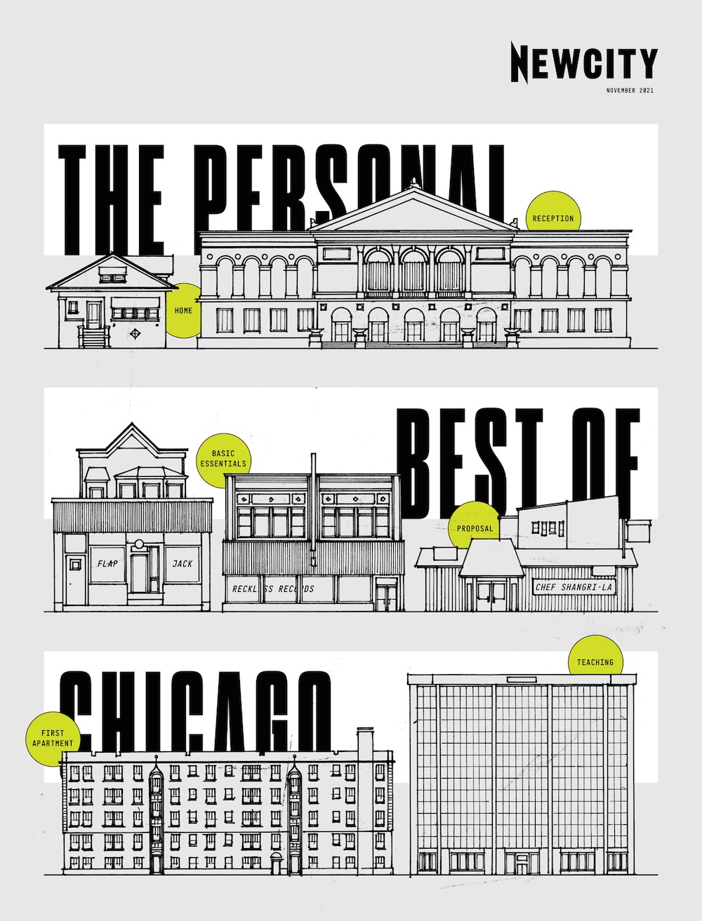 Newcity cover with bold text reading “The Personal Best of Chicago” and a series of drawings of Chicago buildings – an apartment complex, a record store, a museum and more.