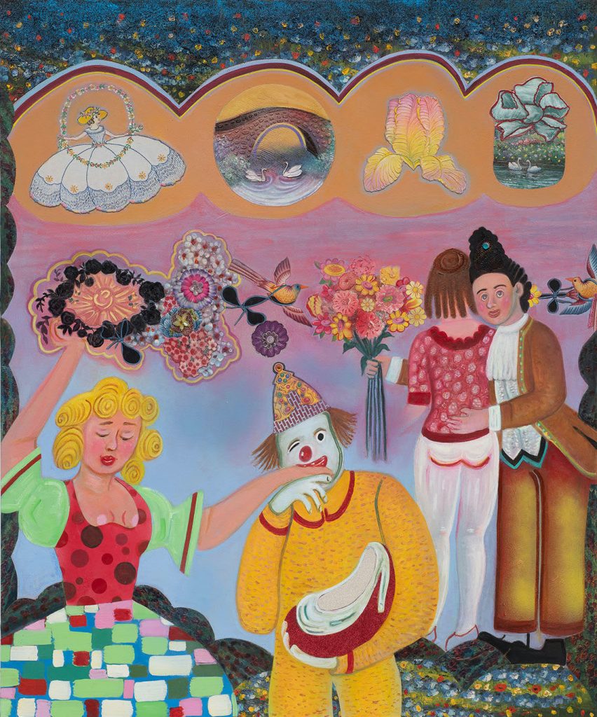 Phyllis Bramson painting showing clowning kissing a woman's hand and another pair of women holding a bouquet of flowers. 