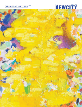 Newcity cover featuring Roland Santana painting with broad yellow brushstrokes with bits of purple, blue and red along the edges and the words "Breakout Artist" with the Newcity logo up top.