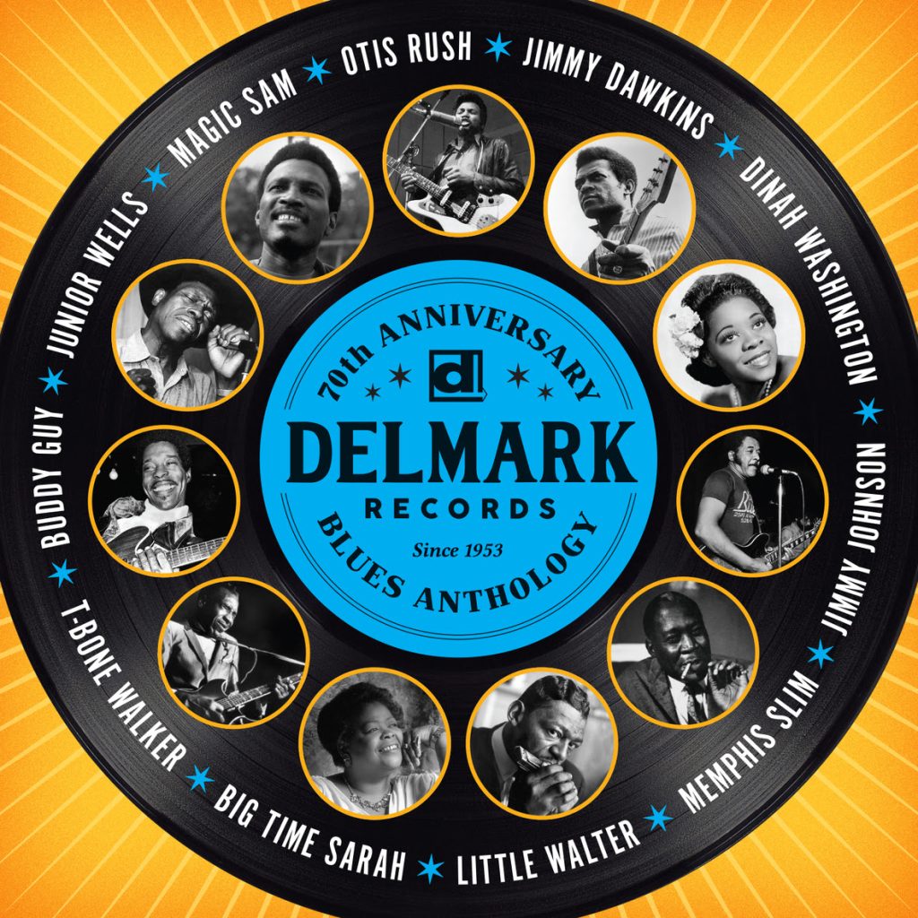 Delmark Records Blues Anthology, in shape of album with photos and names of famous blues performers.