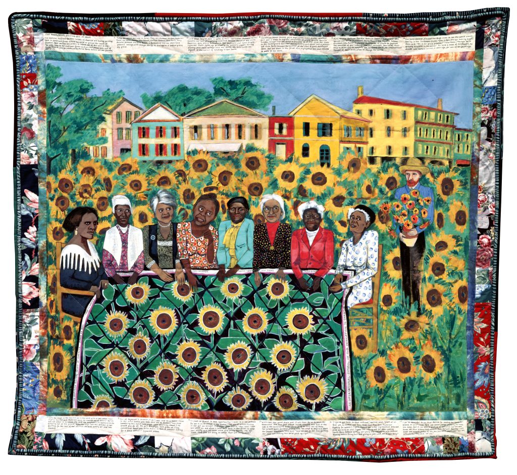 Quilt pattern with people standing in a field of sunflowers making a quilt.