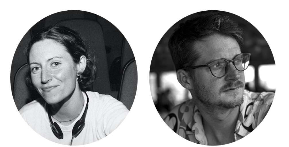 Black and white portraits of Brydie O’Connor and Luke Terrell in circular frames.