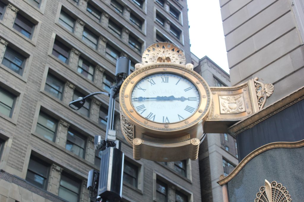 Clock outside the former CD Peacock storefront